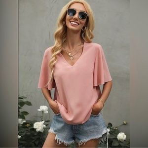 New Women’s Lightweight Pink Butterfly Sleeve Blouse Sz XL